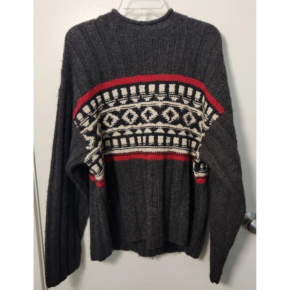 Vtg J. Crew Oarsman Men's L 100% Wool Sweater Gray Fair Isle Roll Neck Fisherman
